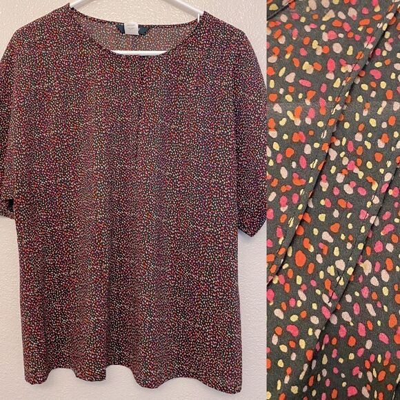 J crew Lightweight colorful black micro print semi sheer short sleeve blouse -M - Picture 1 of 13
